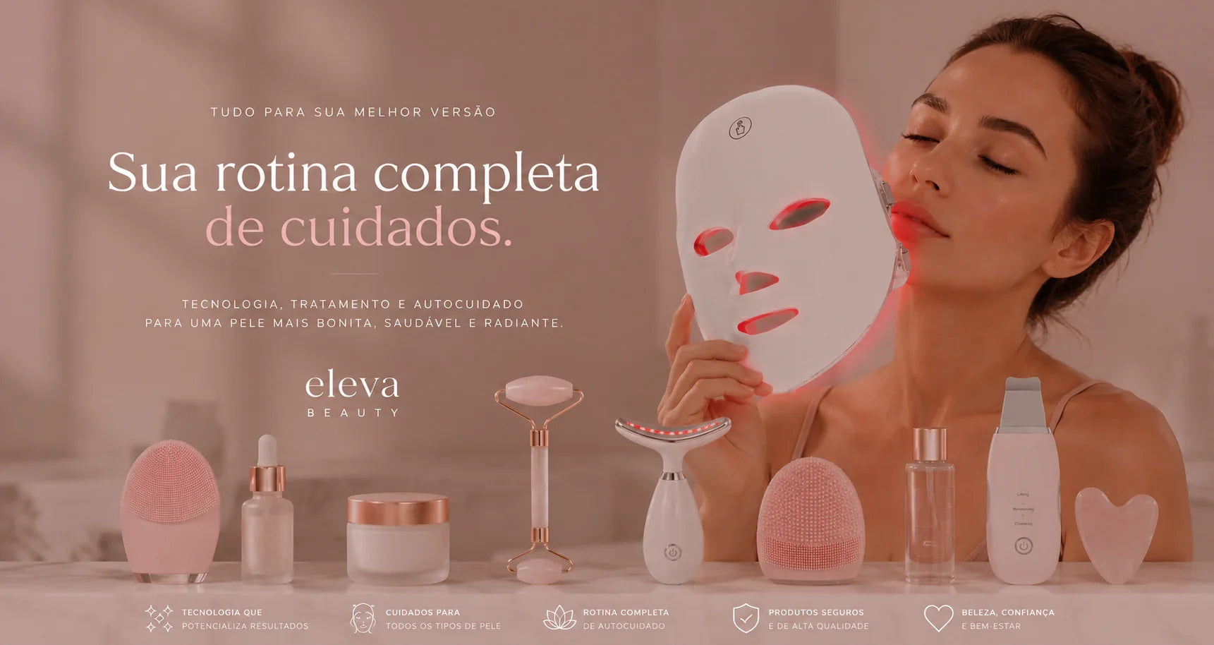 Máscara de LED para cuidados faciais com rotina completa de beleza e produtos de autocuidado